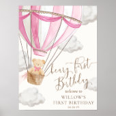 ピンクテディベアーリーファースト誕生日ウェルカムサイン ポスター (正面)