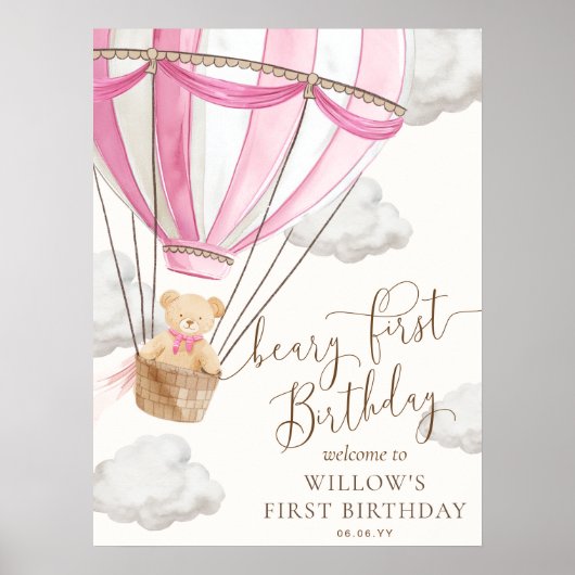 ピンクテディベアーリーファースト誕生日ウェルカムサイン ポスター (正面)