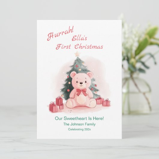 ピンクテディベア初めてのクリスマスフラットホリデーカード シーズンカード (スタンド正面)
