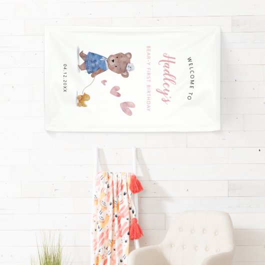 ピンクテディベア誕生日パーティー歓迎サイン 横断幕 (インサイチュ)