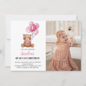 ピンクテディベア誕生日招待状ベアバルーン サンキューカード (正面)