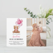 ピンクテディベア誕生日招待状ベアバルーン サンキューカード (スタンド正面)