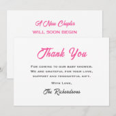 ピンクテディベア赤ちゃんシャワー新しいチャプターストーリーブック サンキューカード (正面/裏面)