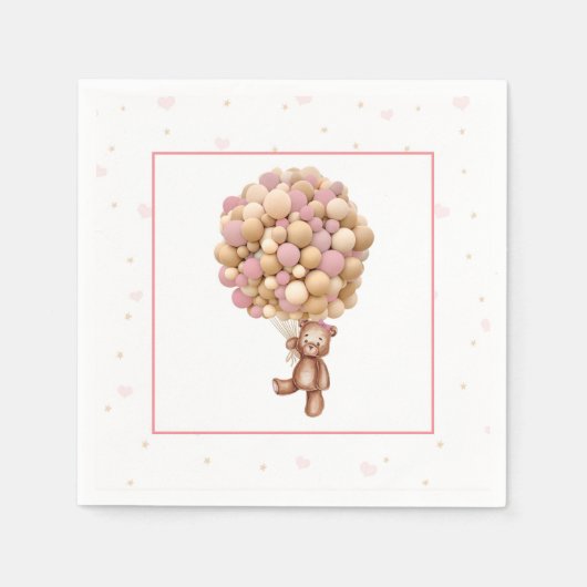 ピンクテディベア赤ちゃんシャワー – 熱気球 –  スタンダードカクテルナプキン (正面)