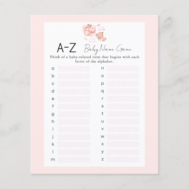 ピンクテディベア1つのベビー名シャワーゲーム (正面)