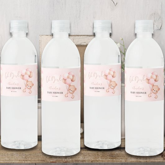 ピンクテディベアOhガールバルーンベビーシャワー ペットボトルラベル