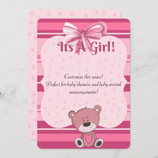 ピンクテディベビーシャワー招待状/発表 招待状 (正面/裏面)