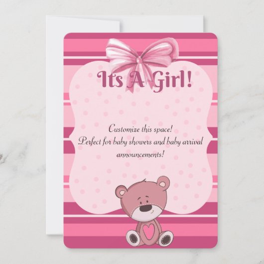 ピンクテディベビーシャワー招待状/発表 招待状 (正面)