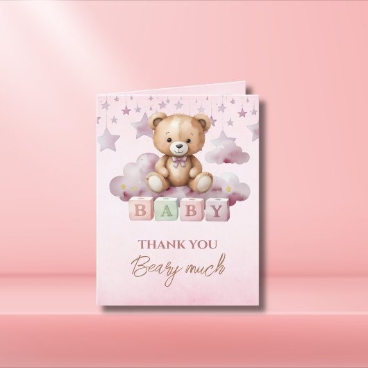 ピンクテディムーンクラウドベビーガール サンキューカード