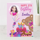 ピンクテディ誕生日パーティーフォトカード カード (正面)