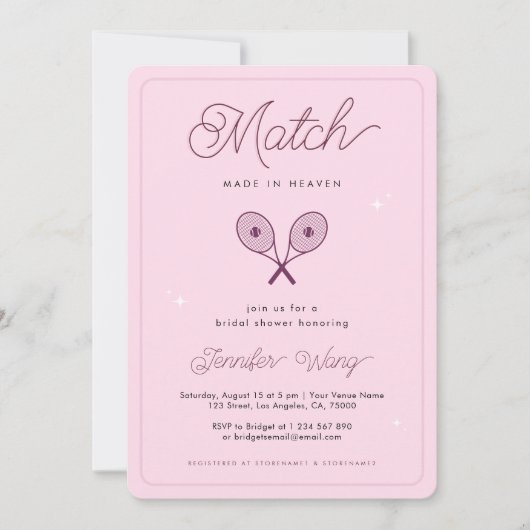 ピンクテニス天国で作られた試合ブライダルシャワー 招待状 (正面)