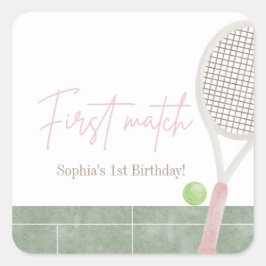 ピンクテニス1歳の誕生日パーティー クラシックな女の子向け スクエアシール