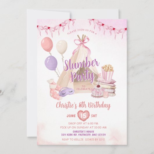 ピンクテペースリーポバーテントスランバーパーティー誕生日 招待状 (正面)
