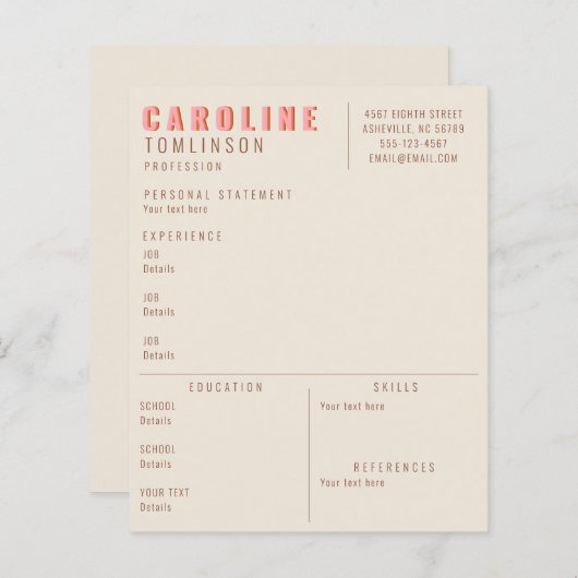 ピンクテラコッタタイポグラフィクリエイティブモダン履歴書 (正面/裏面)