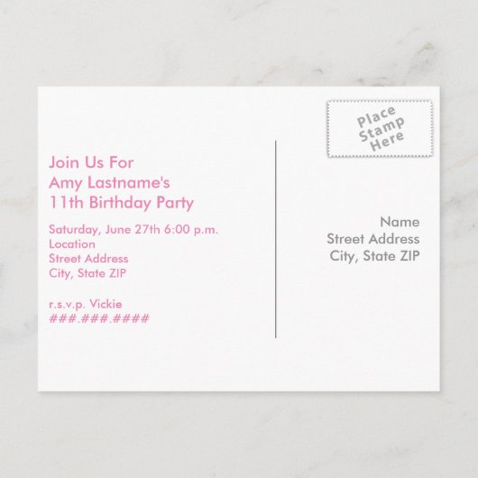 ピンクテントキャンピングバースデーパーティーポストカード招待状 インビテーションポストカード (裏面)