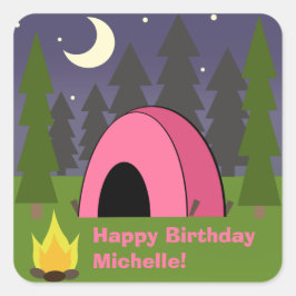 ピンクテント誕生日キャンプパーティーシール スクエアシール