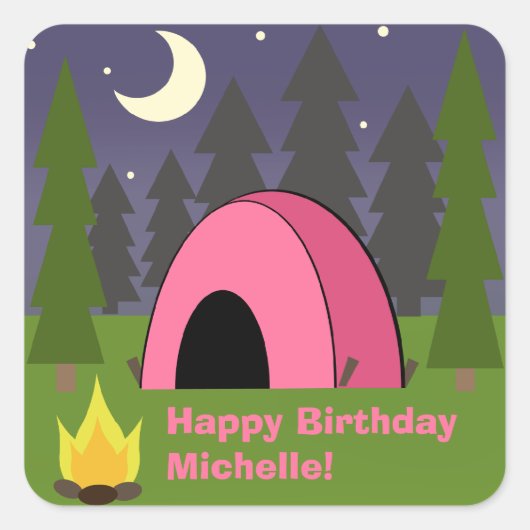 ピンクテント誕生日キャンプパーティーシール スクエアシール (正面)