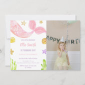 ピンクテールマーメイド誕生日招待状と写真 招待状 (正面)