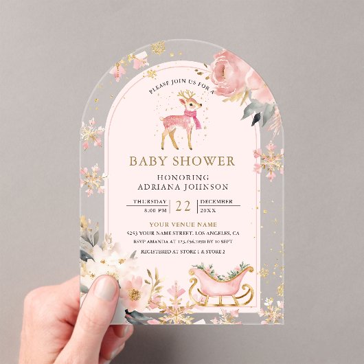 ピンクディアウィンターワンダーランドアーチベイビーシャワー アクリル招待状 (インサイチュ (ポータブル))