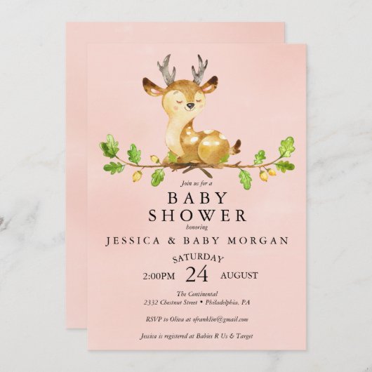 ピンクディアベビーシャワー招待状ベビーシャワーカード 招待状 (正面/裏面)