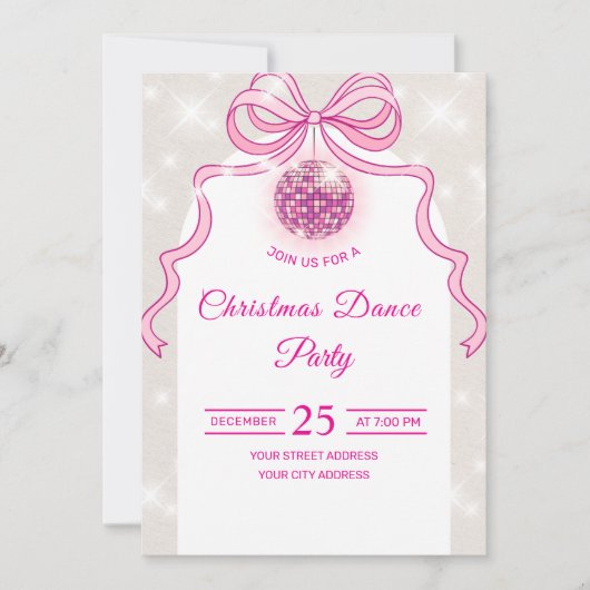 ピンクディスコスパークルガールズクリスマスパーティー招待状 シーズンカード (正面)