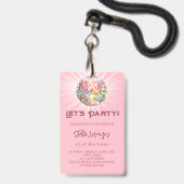 ピンクディスコパーティー誕生日の招待 バッジ (正面（ネックストラップ付）)