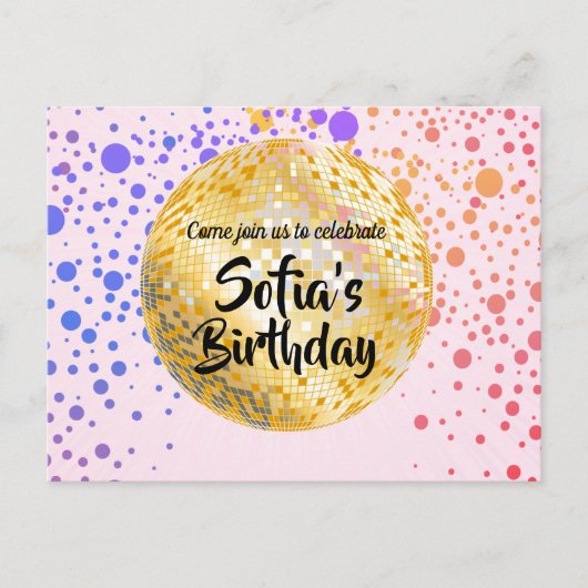 ピンクディスコボールはがきの招待状 インビテーションポストカード (正面)