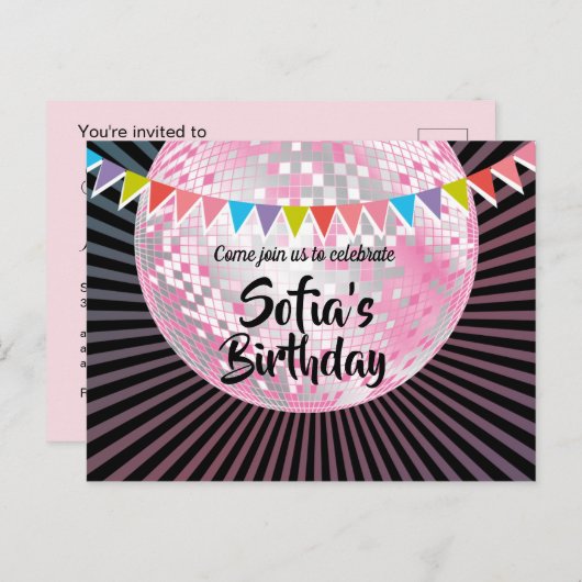 ピンクディスコボールはがき招待状 インビテーションポストカード (正面/裏面)