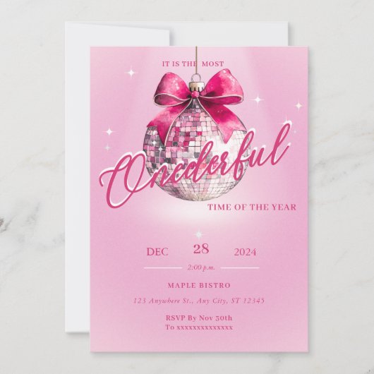 ピンクディスコボールオンエドフル誕生日招待状 招待状 (正面)