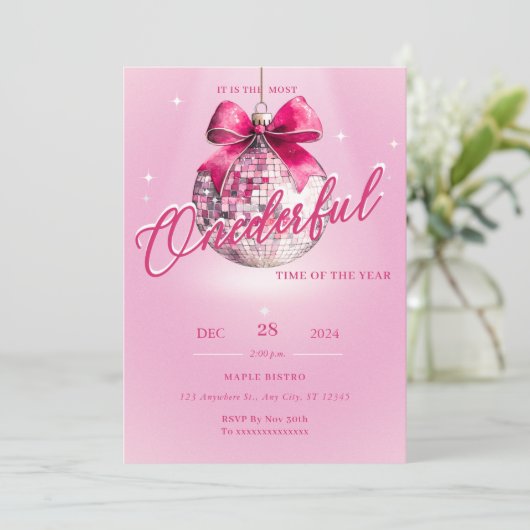 ピンクディスコボールオンエドフル誕生日招待状 招待状 (スタンド正面)