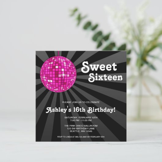ピンクディスコボールスイート16誕生日招待状 招待状 (スタンド正面)