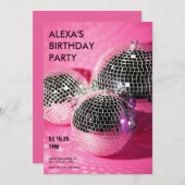 ピンクディスコボール誕生日パーティー 招待状 (正面/裏面)