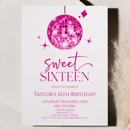 ピンクディスコボールSweet sixteen16thバースデーパーティー 招待状