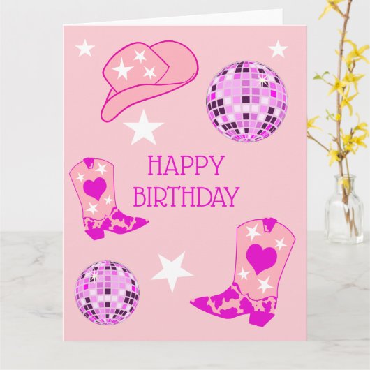 ピンクディスコモダンボール女性のカーボーイハットブーツ誕生日 カード (黄色い花)