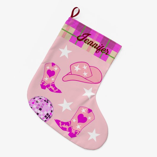 ピンクディスコモダンボール女性のカーボーイハットブーツ ラージクリスマスストッキング (正面 (吊り時))