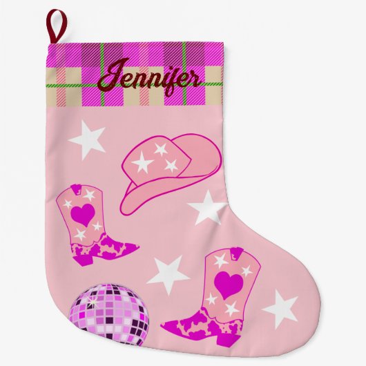 ピンクディスコモダンボール女性のカーボーイハットブーツ ラージクリスマスストッキング (正面)