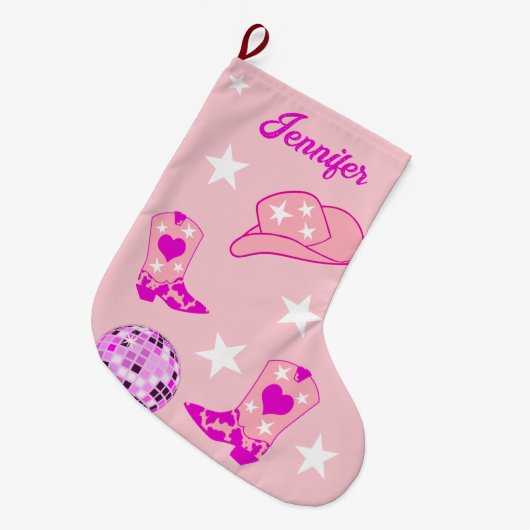 ピンクディスコモダンボール女性のカーボーイハットブーツ ラージクリスマスストッキング (正面 (吊り時))