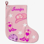 ピンクディスコモダンボール女性のカーボーイハットブーツ ラージクリスマスストッキング (正面)