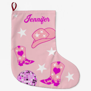 ピンクディスコモダンボール女性のカーボーイハットブーツ ラージクリスマスストッキング