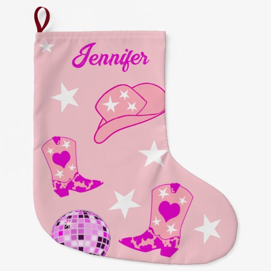 ピンクディスコモダンボール女性のカーボーイハットブーツ ラージクリスマスストッキング (正面)