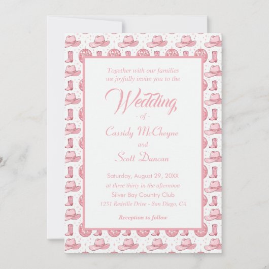 ピンクディスコ女性のカーボーイウェスタンテーマ結婚ズ 招待状 (正面)