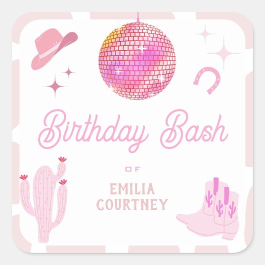 ピンクディスコ女性のカーボーイウエスタンロデオ誕生日バッシュ スクエアシール (正面)
