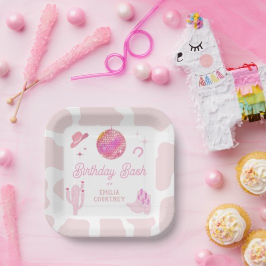 ピンクディスコ女性のカーボーイウエスタンロデオ誕生日バッシュ ペーパープレート (パーティー)