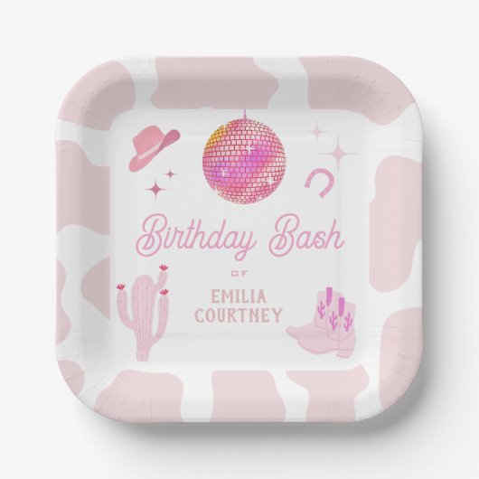 ピンクディスコ女性のカーボーイウエスタンロデオ誕生日バッシュ ペーパープレート (正面)
