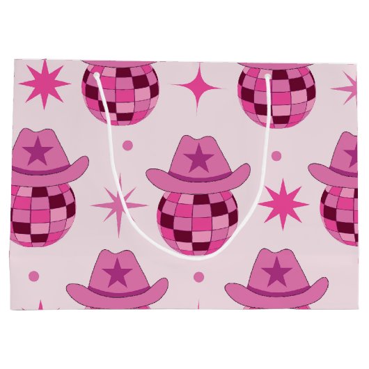 ピンクディスコ女性のカーボーイハットパターンと星 ラージペーパーバッグ (裏面)
