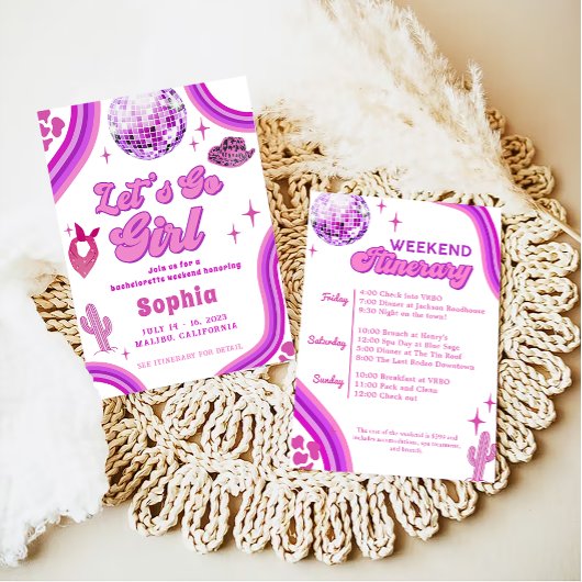 ピンクディスコ女性のカーボーイバチェロレッテロデオウィークエンド 招待状