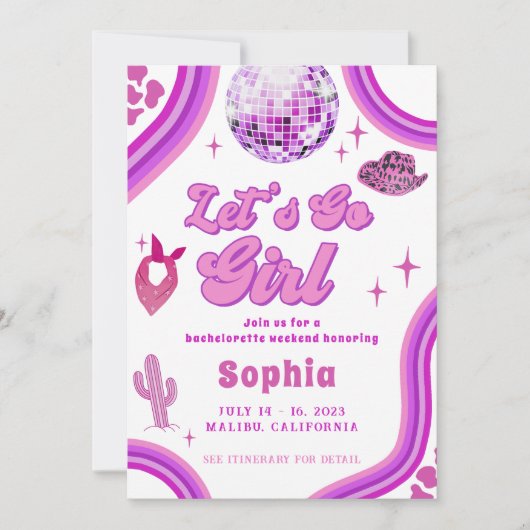 ピンクディスコ女性のカーボーイバチェロレッテロデオウィークエンド 招待状 (正面)