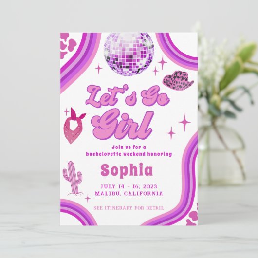 ピンクディスコ女性のカーボーイバチェロレッテロデオウィークエンド 招待状 (スタンド正面)