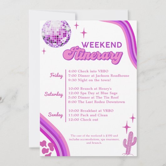 ピンクディスコ女性のカーボーイバチェロレッテロデオウィークエンド 招待状 (裏面)