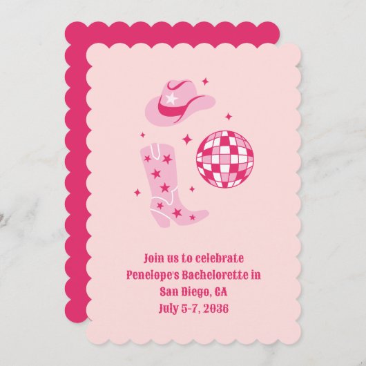 ピンクディスコ女性のカーボーイバチェロレッテ招待状 招待状 (正面/裏面)